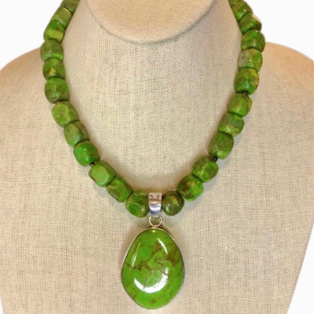 BARSE Sterling Silver Green Turquoise Square Stone Necklace Teardrop Pendant VTG